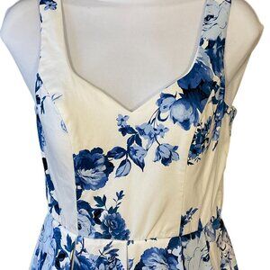 Jun & Ivy White Blue Floral Pleated Sweetheart Neckline Dress Pockets Lined SM